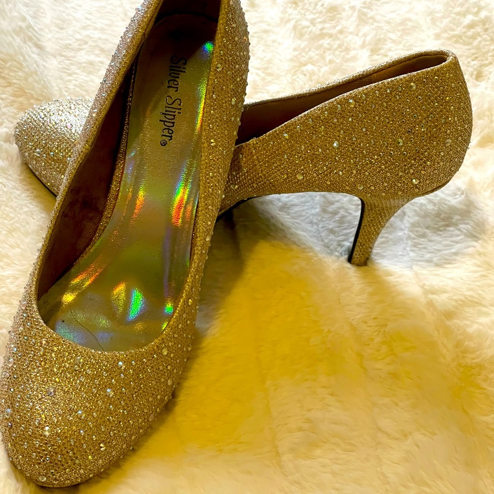 Gold Glittery Pumps. Size 10